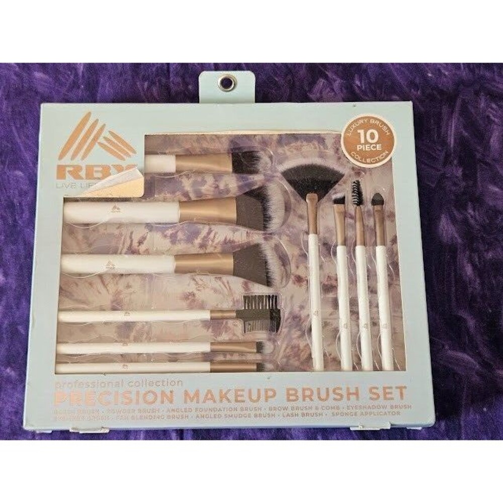 RBX Pro Precision 10pc Luxury Makeup Full Face Brush Set White Rose Gold Tools